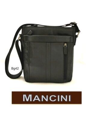 MANCINI Unisex Black Leather Vertical Messenger Bag Padded Shoulder Crossbody